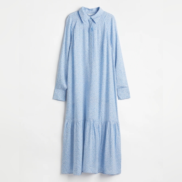 H&M Dresses & Skirts - H&M Blue Floral Midi Dress Viscose Collared Long Sleeve Shirt Dress M